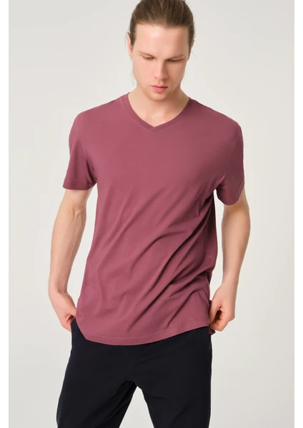 Erkek Basic Bordo Pamuk V Yaka T-Shirt