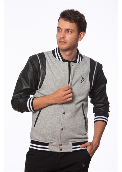 Erkek Gri Deri Kollu Triko Bantlı Çıtçıtlı Ara Biyeli Üç Iplik Şardonlu Kolej Spor Mont fiyatları