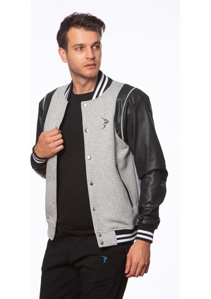 Erkek Gri Deri Kollu Triko Bantlı Çıtçıtlı Ara Biyeli Üç Iplik Şardonlu Kolej Spor Mont modelleri