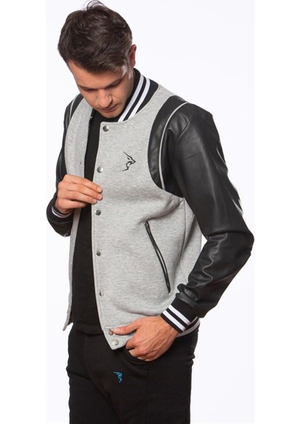 Erkek Gri Deri Kollu Triko Bantlı Çıtçıtlı Ara Biyeli Üç Iplik Şardonlu Kolej Spor Mont fırsatları