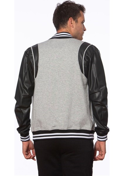 Erkek Gri Deri Kollu Triko Bantlı Çıtçıtlı Ara Biyeli Üç Iplik Şardonlu Kolej Spor Mont indirimleri