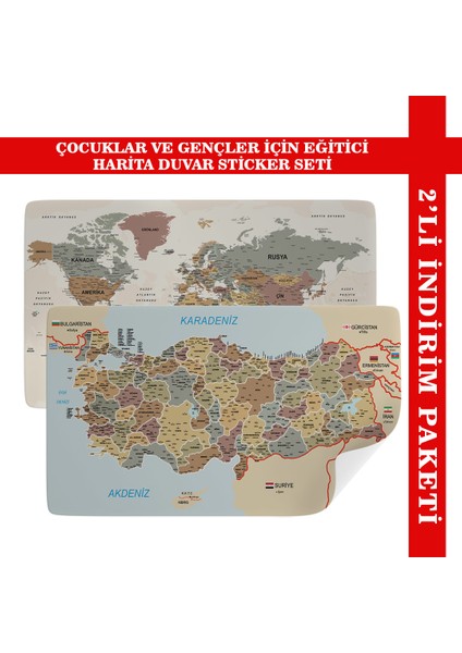 Eğitici - Öğretici Dünya ve Türkiye Haritası Çocuk Odası Duvar Sticker I 3883