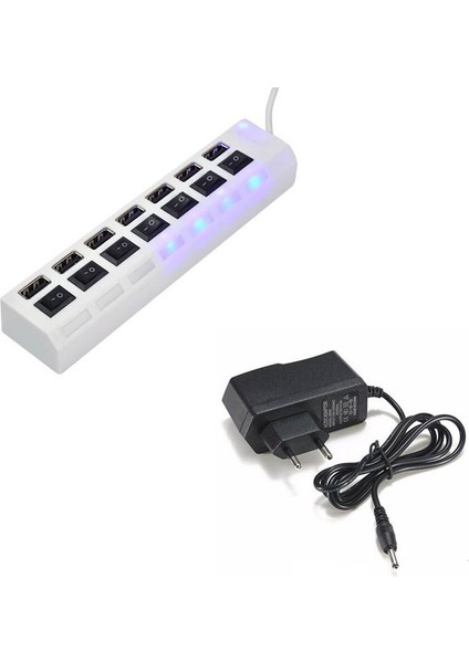 7 Port USB Hub Çoklayıcı Çoğaltıcı Onoff Düğmeli Işıklı Adaptörlü