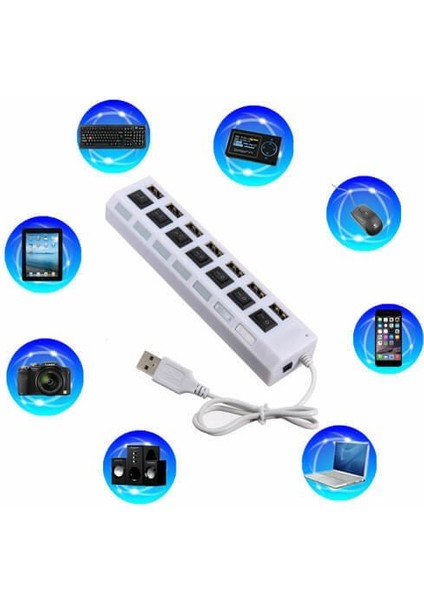 7 Port USB Hub Çoklayıcı Çoğaltıcı Onoff Düğmeli Işıklı Adaptörlü