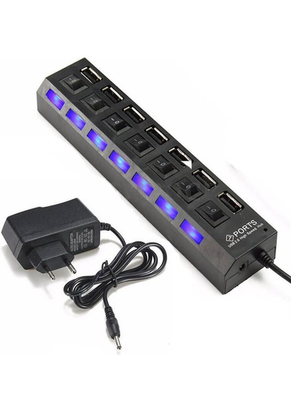 7 Port USB Hub Çoklayıcı Çoğaltıcı Onoff Düğmeli Işıklı Adaptörlü