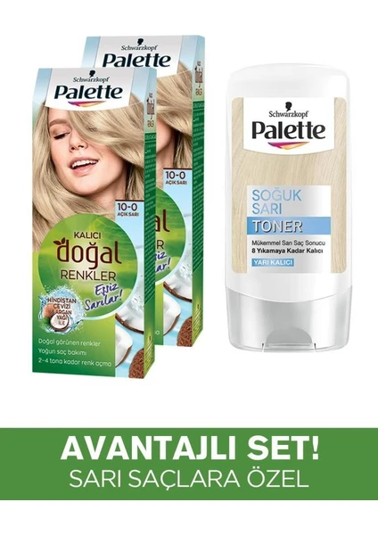 Kalıcı Doğal Renkler Saç Boyası 10-0 Açık Sarı X 2 Adet + Soğuk Sarı Palette Toner