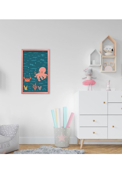 Gift Yengeç ve Ahtapot Tasarımlı Dekoratif Pembe Ahşap Çerçeveli Çocuk Odası Tablo-1