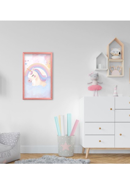 Gift Unicorn Tasarımlı Dekoratif Pembe Ahşap Çerçeveli Çocuk Odası Tablo-1
