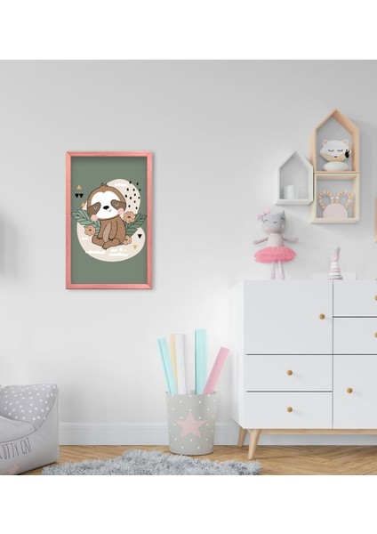 Gift Tembel Hayvan Tasarımlı Dekoratif Pembe Ahşap Çerçeveli Çocuk Odası Tablo-1