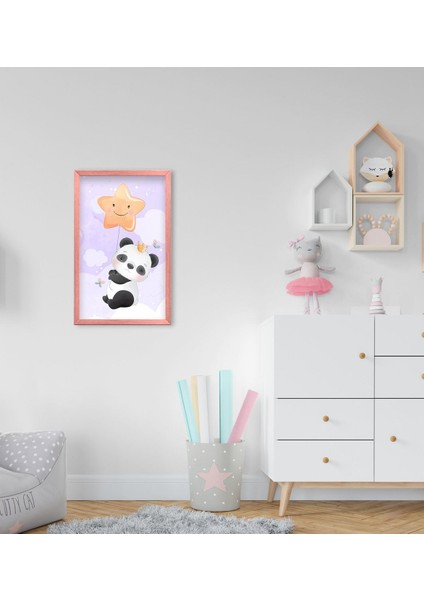 Gift Tatlı Panda Tasarımlı Dekoratif Pembe Ahşap Çerçeveli Çocuk Odası Tablo-1