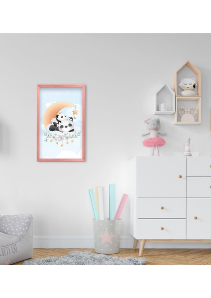 Gift Tatlı Pandalar Tasarımlı Dekoratif Pembe Ahşap Çerçeveli Çocuk Odası Tablo-1