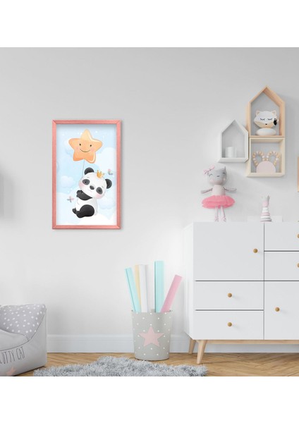 Gift Tatlı Panda Tasarımlı Dekoratif Pembe Ahşap Çerçeveli Çocuk Odası Tablo-1