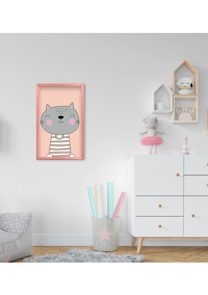 Gift Tatlı Kedi Tasarımlı Dekoratif Pembe Ahşap Çerçeveli Çocuk Odası Tablo-2
