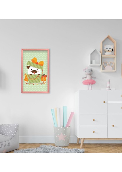 Gift Tatlı Köpek Tasarımlı Dekoratif Pembe Ahşap Çerçeveli Çocuk Odası Tablo-1