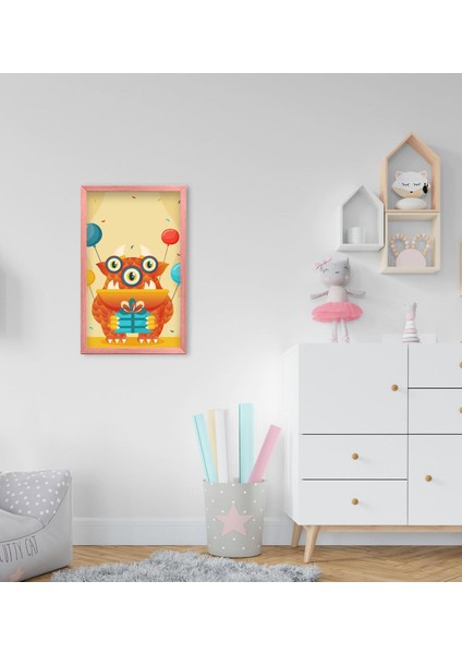 Gift Tatlı Canavar Tasarımlı Dekoratif Pembe Ahşap Çerçeveli Çocuk Odası Tablo-6