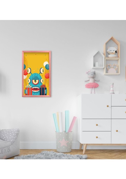 Gift Tatlı Canavar Tasarımlı Dekoratif Pembe Ahşap Çerçeveli Çocuk Odası Tablo-4