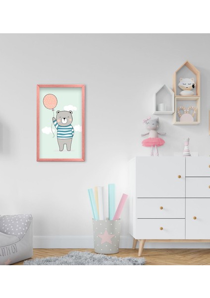 Gift Tatlı Ayıcık Tasarımlı Dekoratif Pembe Ahşap Çerçeveli Çocuk Odası Tablo-4