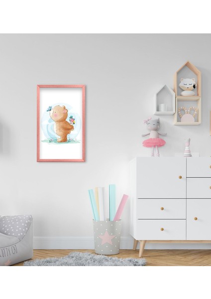 Gift Tatlı Ayıcık Tasarımlı Dekoratif Pembe Ahşap Çerçeveli Çocuk Odası Tablo-1