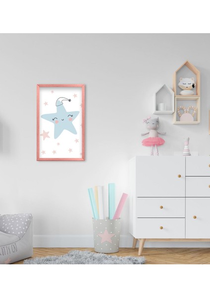 Gift Sevimli Yıldız Tasarımlı Dekoratif Pembe Ahşap Çerçeveli Çocuk Odası Tablo-1