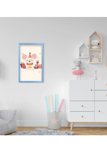 Gift Tatlı Fare Tasarımlı Dekoratif Mavi Ahşap Çerçeveli Çocuk Odası Tablo-1