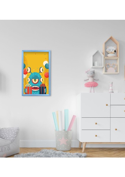 Gift Tatlı Canavar Tasarımlı Dekoratif Mavi Ahşap Çerçeveli Çocuk Odası Tablo-4
