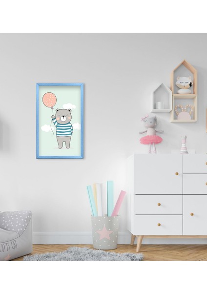 Gift Tatlı Ayıcık Tasarımlı Dekoratif Mavi Ahşap Çerçeveli Çocuk Odası Tablo-4