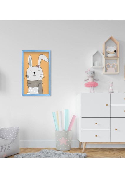 Gift Sevimli Tavşan Tasarımlı Dekoratif Mavi Ahşap Çerçeveli Çocuk Odası Tablo-2