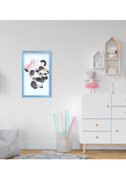 Gift Sevimli Panda Tasarımlı Dekoratif Mavi Ahşap Çerçeveli Çocuk Odası Tablo-7
