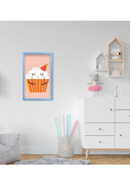 Gift Sevimli Muffin Tasarımlı Dekoratif Mavi Ahşap Çerçeveli Çocuk Odası Tablo-1