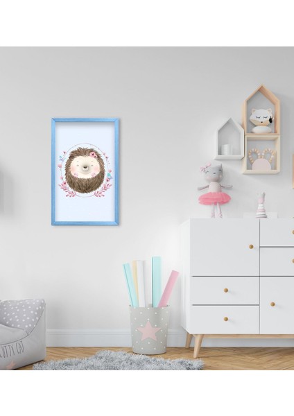 Gift Sevimli Kirpi Tasarımlı Dekoratif Mavi Ahşap Çerçeveli Çocuk Odası Tablo-3