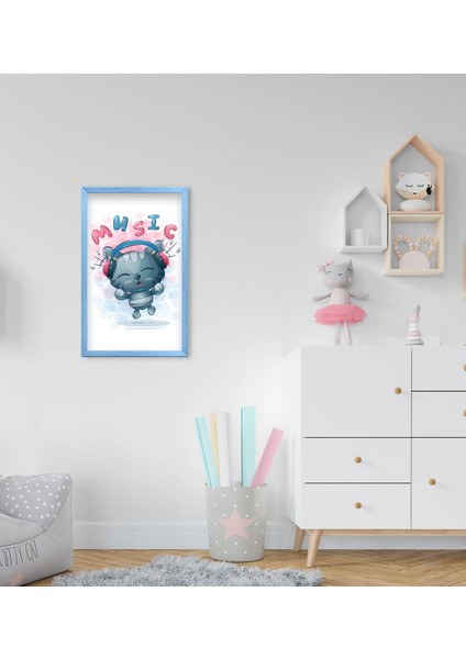 Gift Sevimli Kedi Tasarımlı Dekoratif Mavi Ahşap Çerçeveli Çocuk Odası Tablo-5
