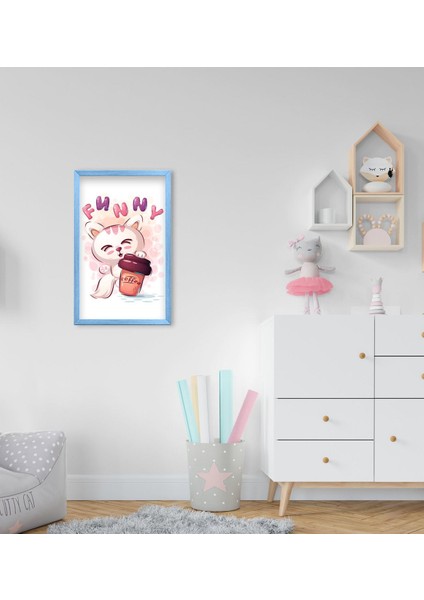 Gift Sevimli Kedi Tasarımlı Dekoratif Mavi Ahşap Çerçeveli Çocuk Odası Tablo-6