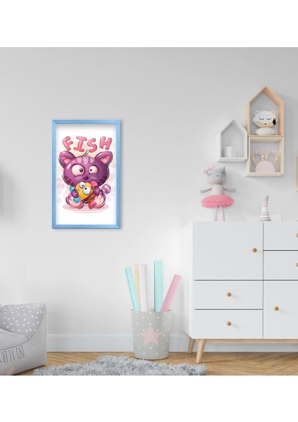 Gift Sevimli Kedi Tasarımlı Dekoratif Mavi Ahşap Çerçeveli Çocuk Odası Tablo-4