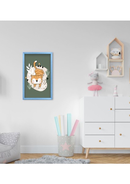 Gift Sevimli Kaplan Tasarımlı Dekoratif Mavi Ahşap Çerçeveli Çocuk Odası Tablo-1