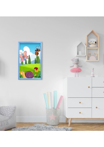 Gift Sevimli Hayvanlar Tasarımlı Dekoratif Mavi Ahşap Çerçeveli Çocuk Odası Tablo-3