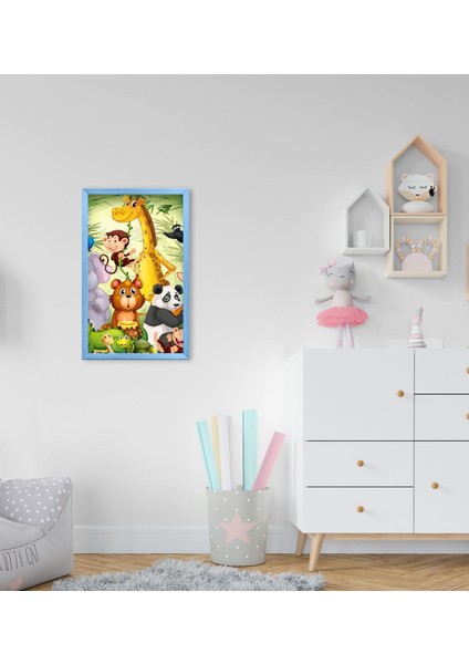Gift Sevimli Hayvanlar Tasarımlı Dekoratif Mavi Ahşap Çerçeveli Çocuk Odası Tablo-1