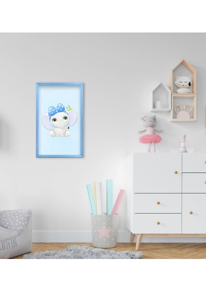 Gift Sevimli Fil Tasarımlı Dekoratif Mavi Ahşap Çerçeveli Çocuk Odası Tablo-1