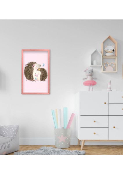 Gift Sevimli Kirpiler Tasarımlı Dekoratif Pembe Ahşap Çerçeveli Çocuk Odası Tablo-1