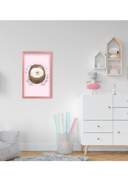 Gift Sevimli Kirpi Tasarımlı Dekoratif Pembe Ahşap Çerçeveli Çocuk Odası Tablo-3
