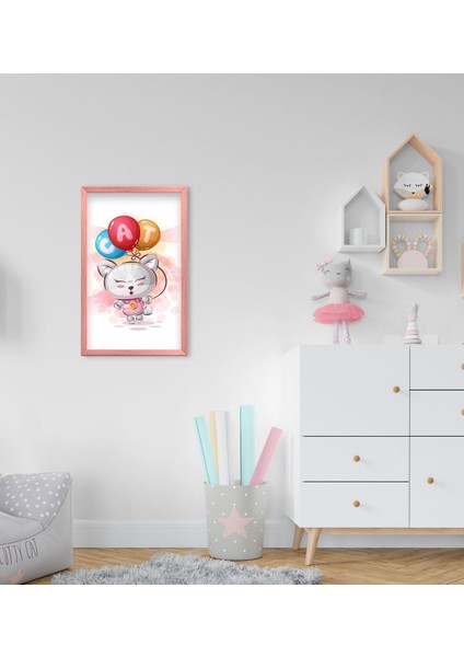 Gift Sevimli Kedi Tasarımlı Dekoratif Pembe Ahşap Çerçeveli Çocuk Odası Tablo-2