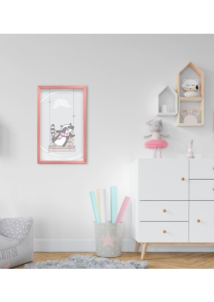 Gift Sevimli Hayvan Tasarımlı Dekoratif Pembe Ahşap Çerçeveli Çocuk Odası Tablo-1