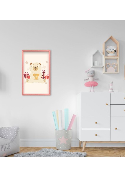 Gift Sevimli Ayıcık Tasarımlı Dekoratif Pembe Ahşap Çerçeveli Çocuk Odası Tablo-1