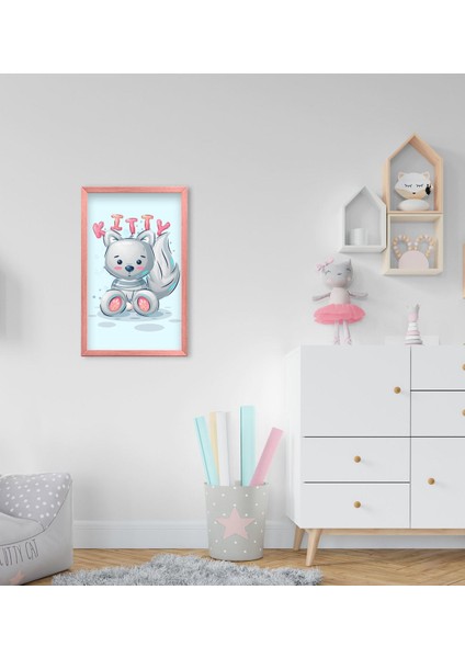 Gift Kitty Tasarımlı Dekoratif Pembe Ahşap Çerçeveli Çocuk Odası Tablo-1