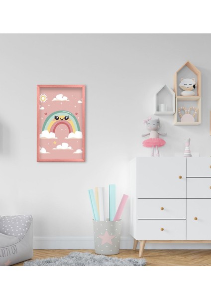 Gift Gökkuşağı Tasarımlı Dekoratif Pembe Ahşap Çerçeveli Çocuk Odası Tablo-2