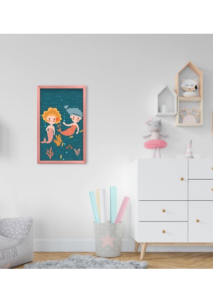 Gift Deniz Kızları Tasarımlı Dekoratif Pembe Ahşap Çerçeveli Çocuk Odası Tablo-1