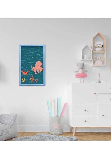 Gift Yengeç ve Ahtapot Tasarımlı Dekoratif Mavi Ahşap Çerçeveli Çocuk Odası Tablo-1