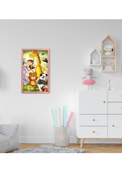 Gift Sevimli Hayvanlar Tasarımlı Dekoratif Pembe Ahşap Çerçeveli Çocuk Odası Tablo-1
