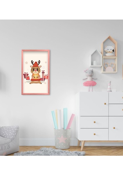 Gift Sevimli Geyik Tasarımlı Dekoratif Pembe Ahşap Çerçeveli Çocuk Odası Tablo-2
