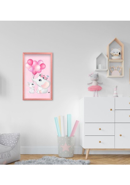 Gift Sevimli Fil Tasarımlı Dekoratif Pembe Ahşap Çerçeveli Çocuk Odası Tablo-8