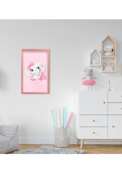 Gift Sevimli Fil Tasarımlı Dekoratif Pembe Ahşap Çerçeveli Çocuk Odası Tablo-4